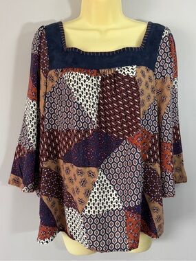 Skies Are Blue Patchwork Boho Bell-Sleeve Blouse Faux Suede Square Neck Medium